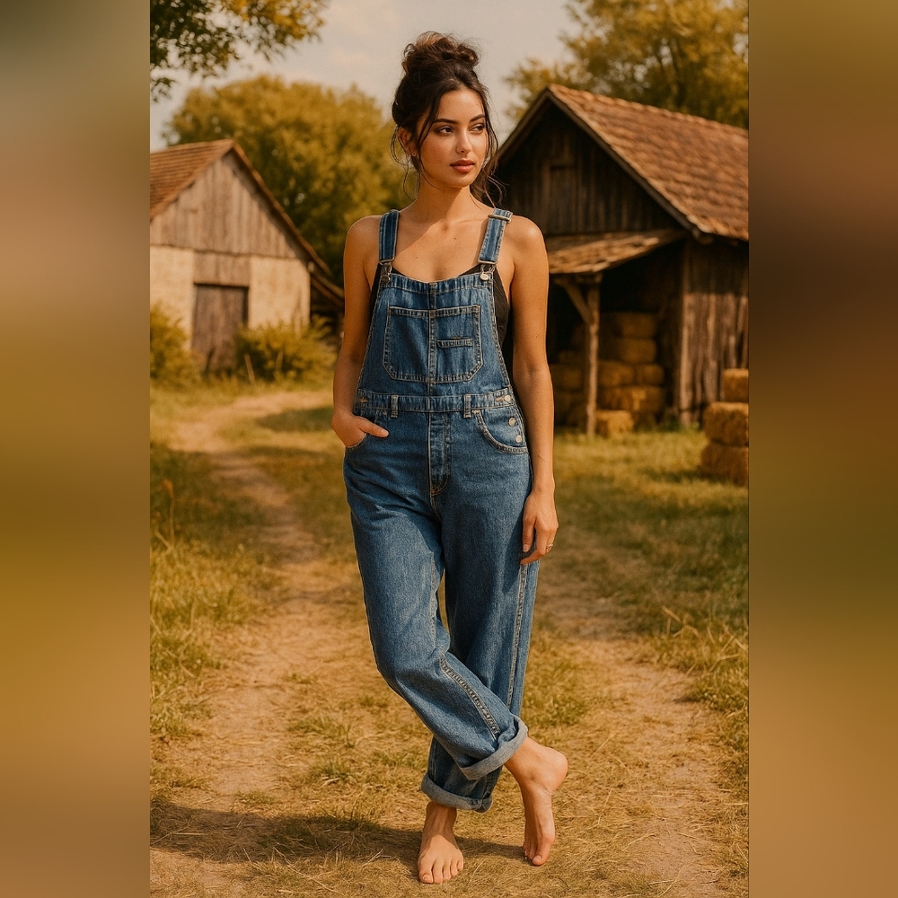 Retro 90s Pocket Denim Straight Leg Baggy Dungaree Sleeveless Jean Pant Overalls